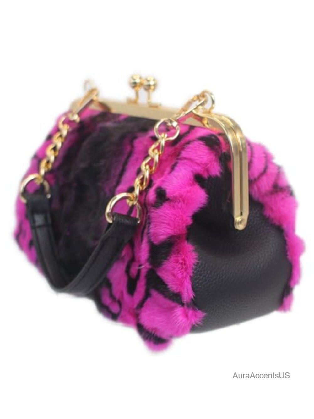 Genuine Mink Fur Kisslock Clutch Purse with Adjustable Strap Evening Handbag
